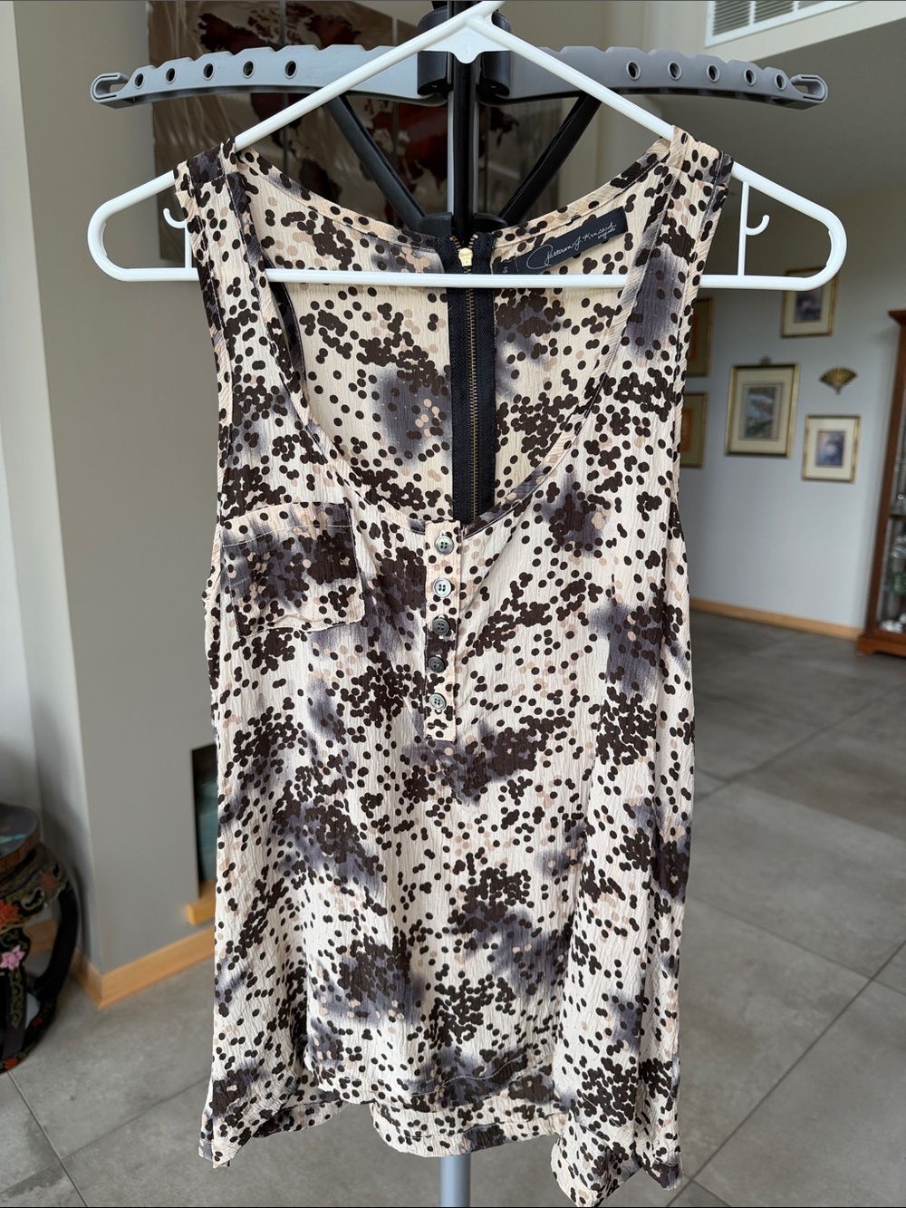 Designer 100% Silk Sleeveless Printed Cream Top in Beige and Brown Dots - size S